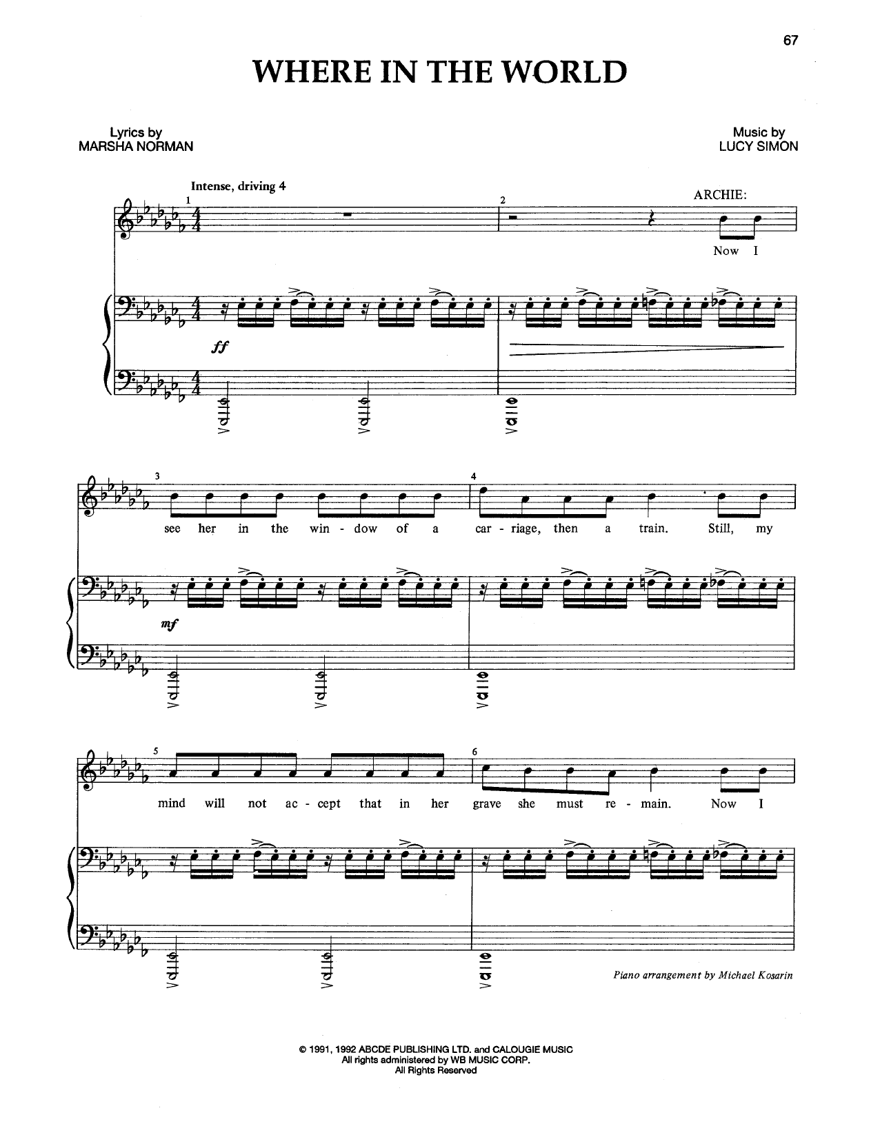 Learn to play Marsha Norman & Lucy Simon Where In The World sheet music for Piano & Vocal in minutes. Price: 7.8900$ Marsha Norman & Lucy Simon Where In The World sheet music notes and chords arranged for Piano & Vocal