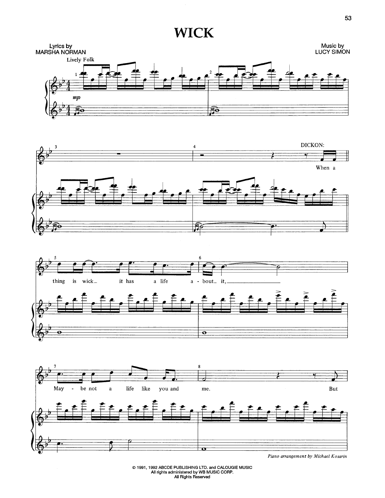 Marsha Norman & Lucy Simon Wick sheet music notes and chords. Download Printable PDF.