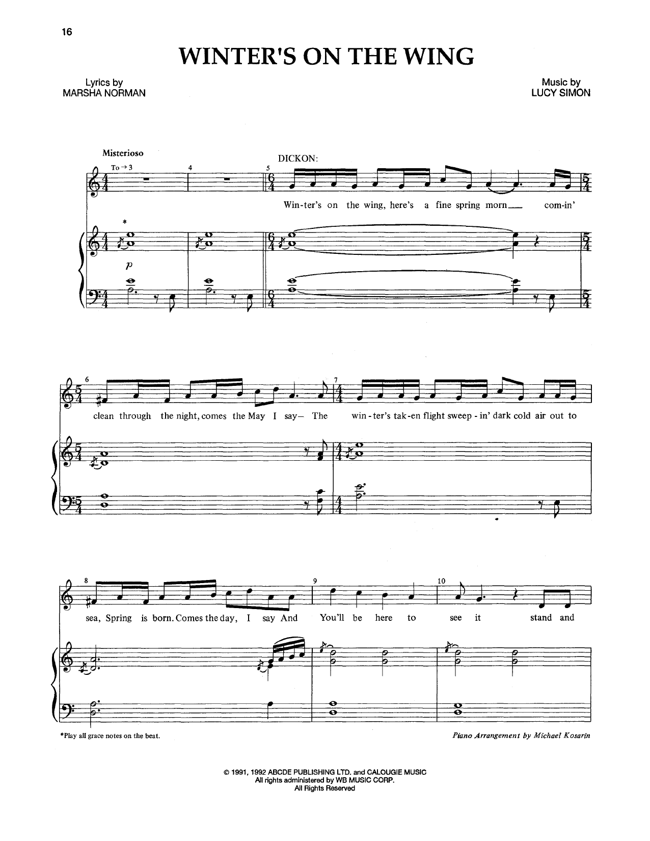 Marsha Norman & Lucy Simon Winter's On The Wing sheet music notes and chords. Download Printable PDF.