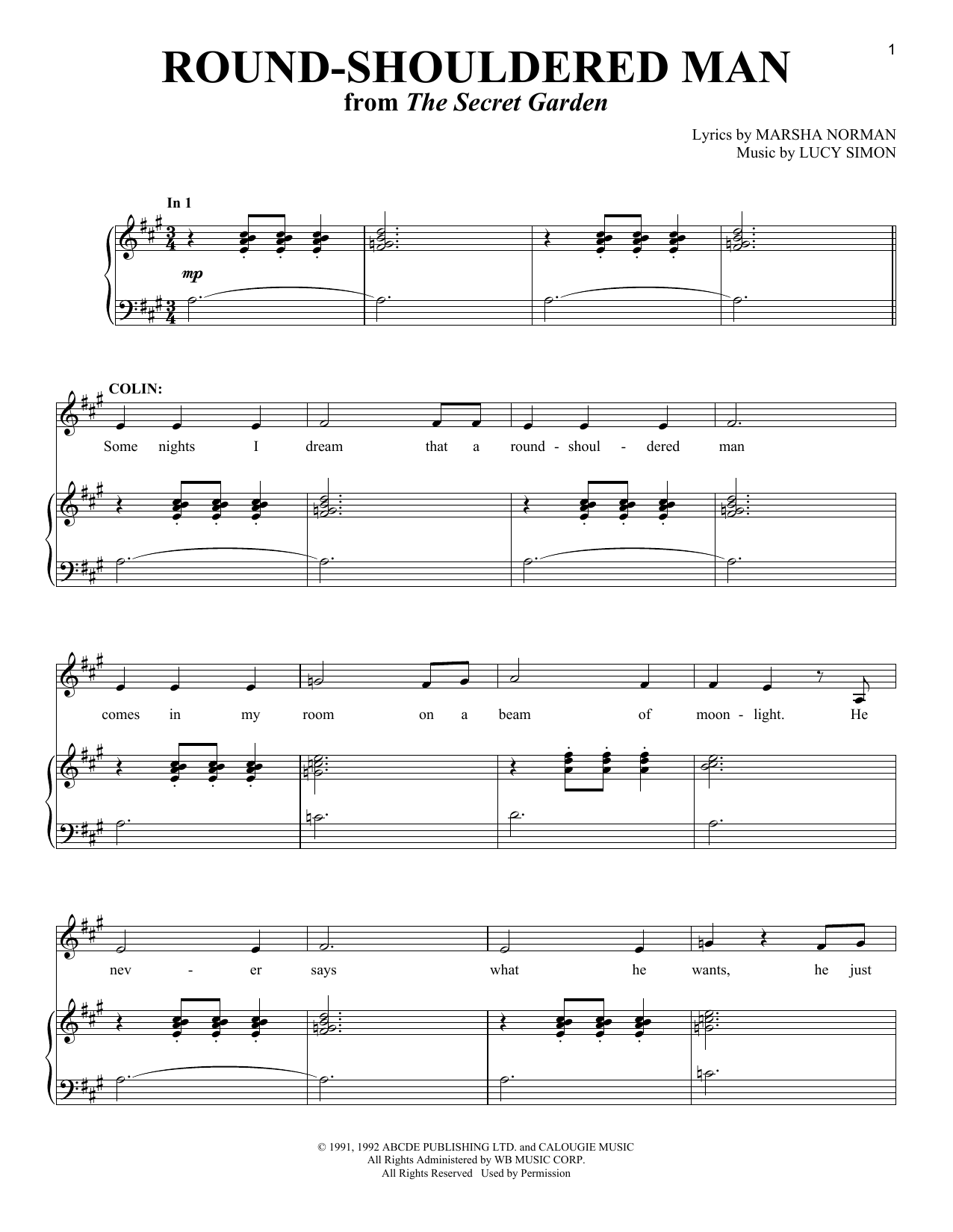 Marsha Norman Round-Shouldered Man sheet music notes and chords arranged for Piano & Vocal