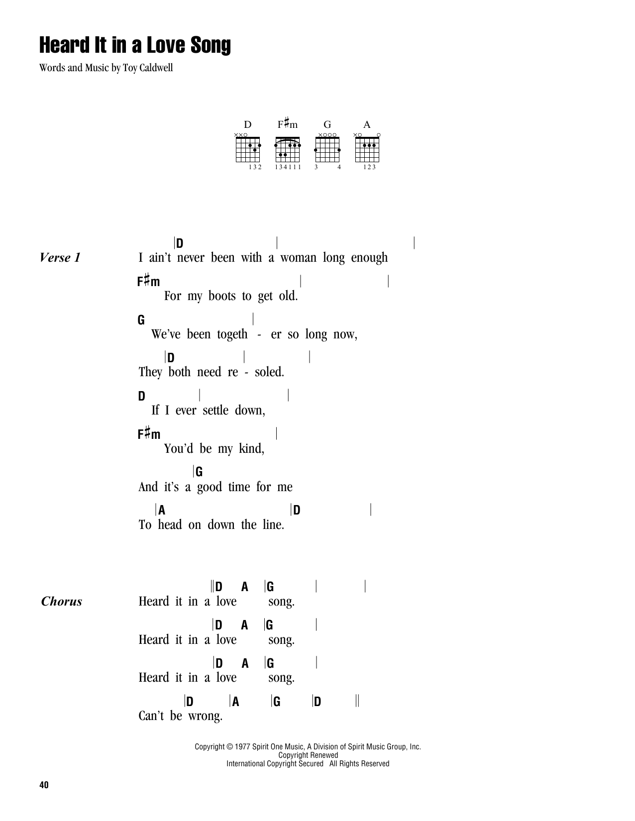 Marshall Tucker Band Heard It In A Love Song sheet music notes and chords. Download Printable PDF.