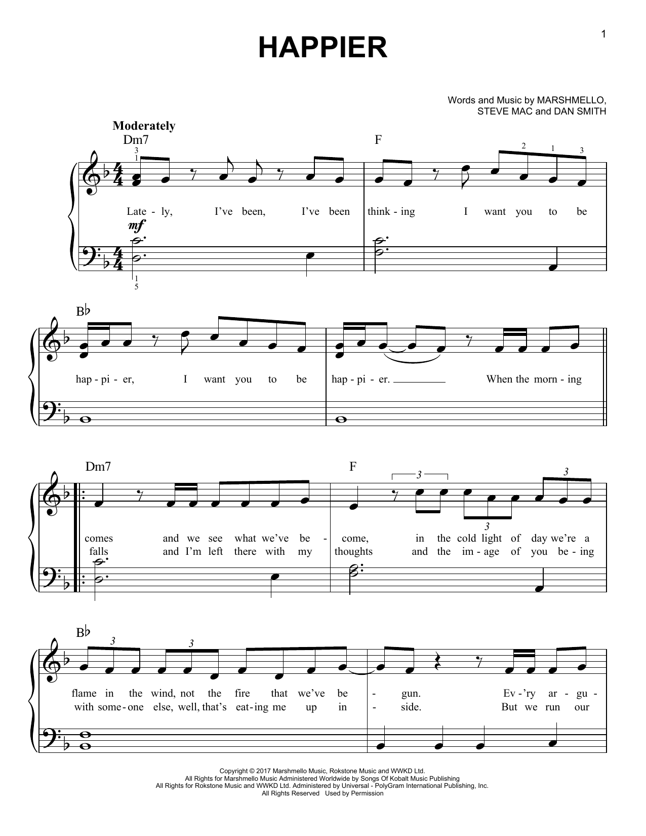 Marshmello & Bastille Happier sheet music notes and chords. Download Printable PDF.