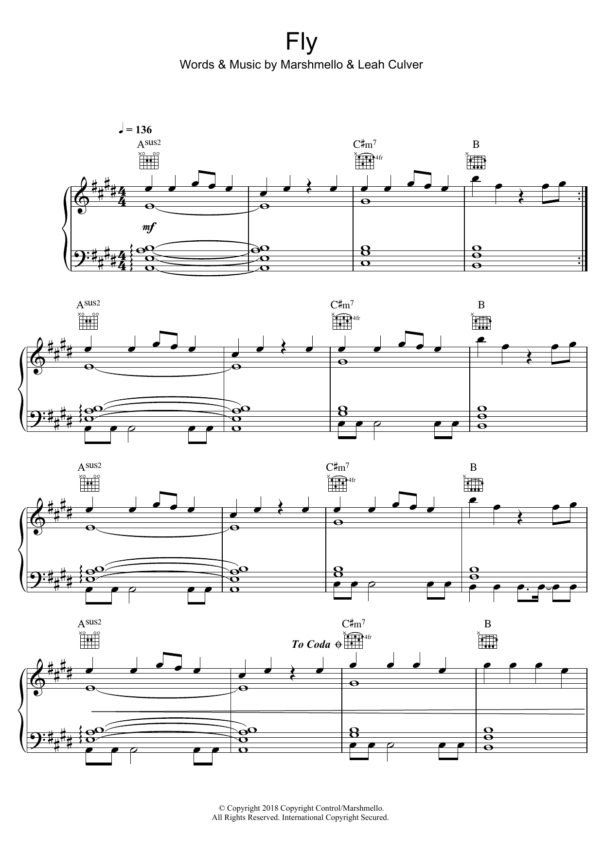 Learn to play Marshmello Fly (feat. Leah Culver) sheet music for Piano, Vocal & Guitar Chords in minutes. Price: 7.8900$ Marshmello Fly (feat. Leah Culver) sheet music notes and chords arranged for Piano, Vocal & Guitar Chords