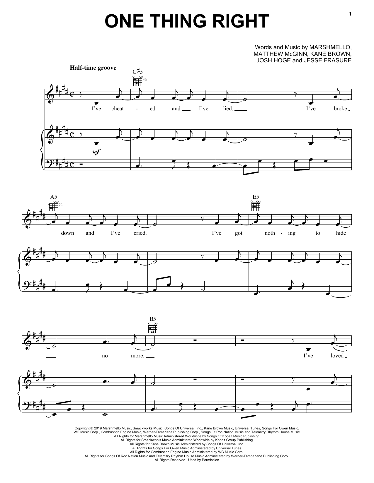 Marshmello & Kane Brown One Thing Right sheet music notes and chords. Download Printable PDF.