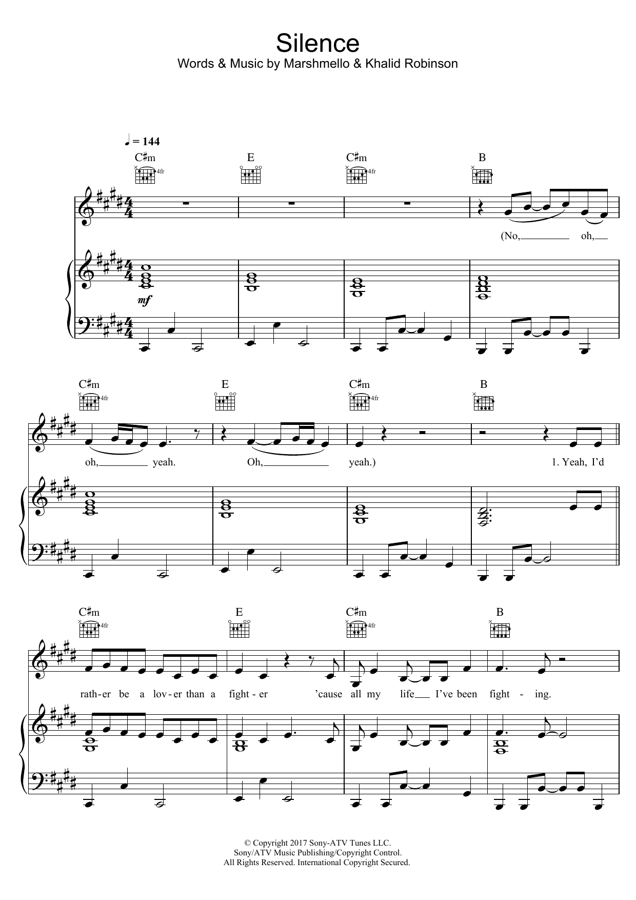 Marshmello Silence (feat. Khalid) sheet music notes and chords. Download Printable PDF.