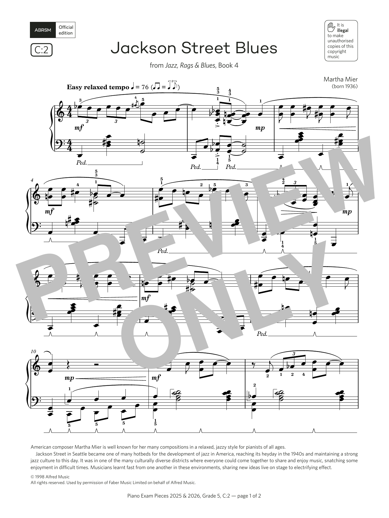 Martha Mier Jackson Street Blues (Grade 5, list C2, from the ABRSM Piano Syllabus 2025 & 2026) sheet music notes and chords. Download Printable PDF.