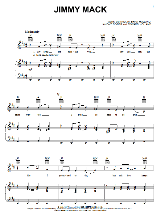 Learn to play Martha & The Vandellas Jimmy Mack sheet music for Piano, Vocal & Guitar Chords (Right-Hand Melody) in minutes. Price: 7.8900$ Martha & The Vandellas Jimmy Mack sheet music notes and chords arranged for Piano, Vocal & Guitar Chords (Right-Hand Melody)