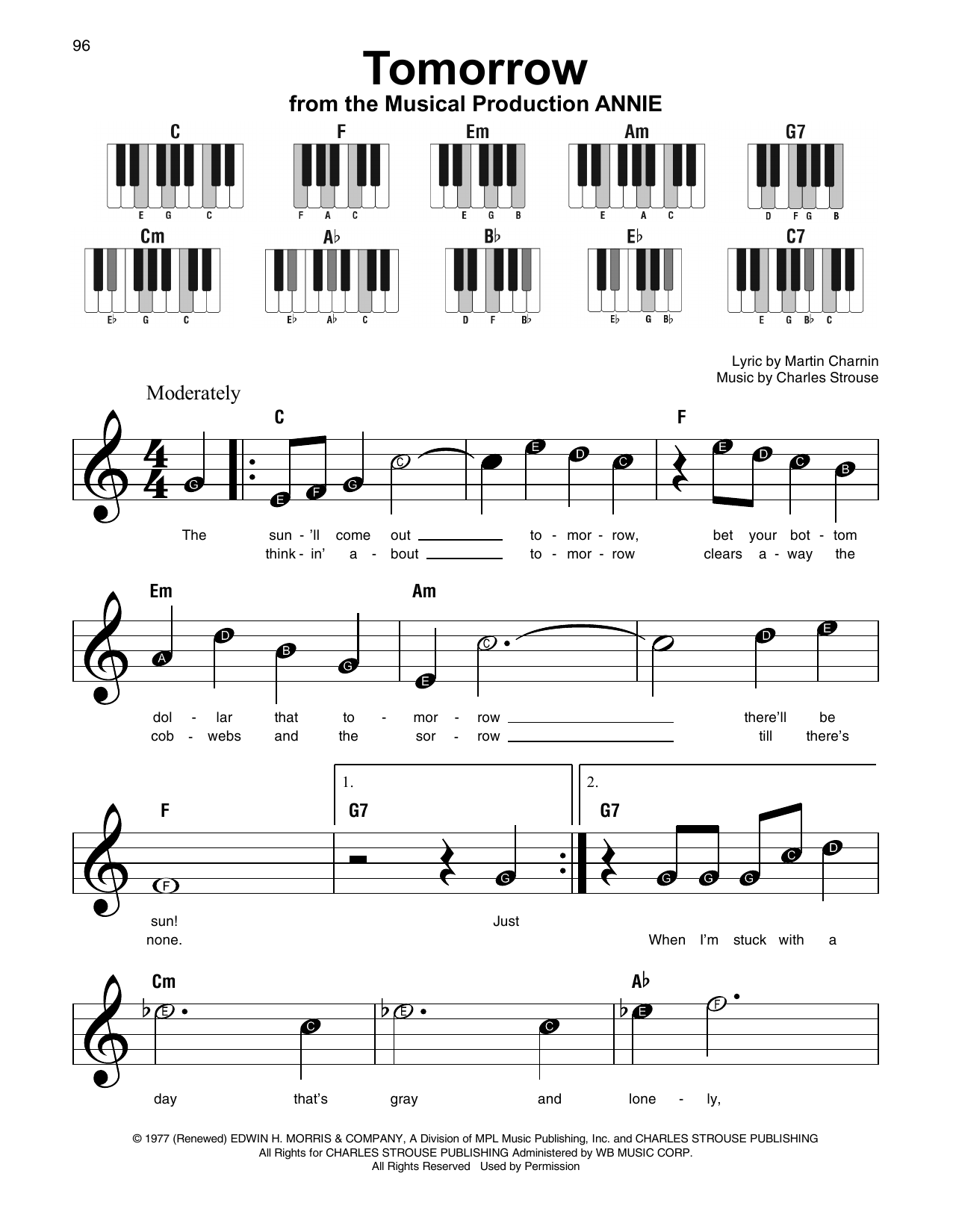 Charles Strouse Tomorrow (from Annie) sheet music notes and chords. Download Printable PDF.