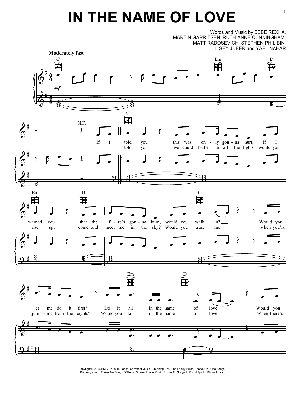 Martin Garrix & Bebe Rexha In The Name Of Love sheet music notes and chords. Download Printable PDF.