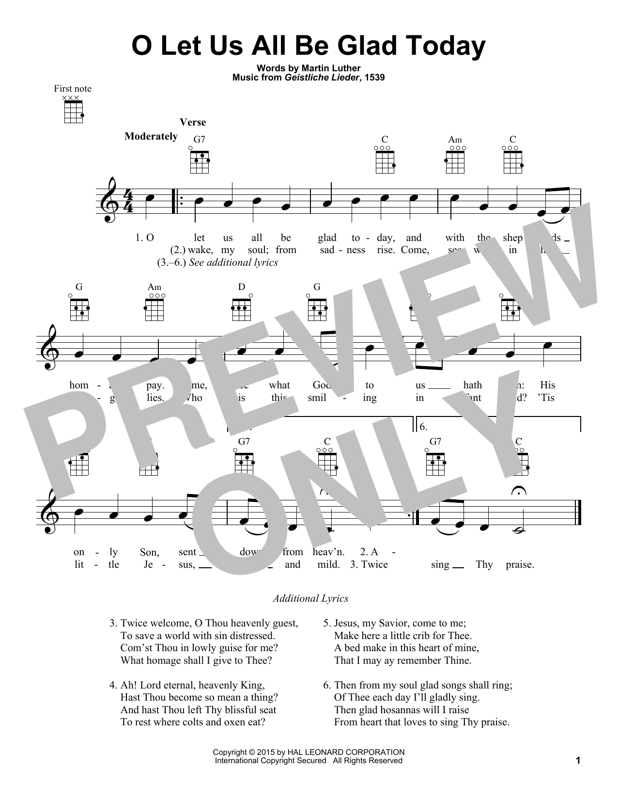 Learn to play Martin Luther O Let Us All Be Glad Today sheet music for Ukulele in minutes. Price: 5.9900$ Martin Luther O Let Us All Be Glad Today sheet music notes and chords arranged for Ukulele