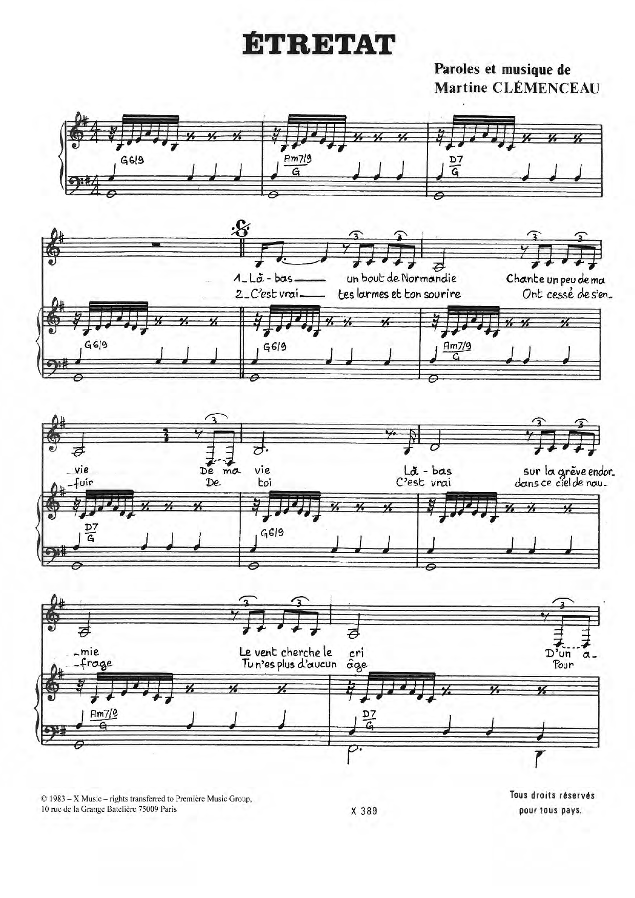 Learn to play Martine Clemenceau Etretat sheet music for Piano & Vocal in minutes. Price: 7.8900$ Martine Clemenceau Etretat sheet music notes and chords arranged for Piano & Vocal