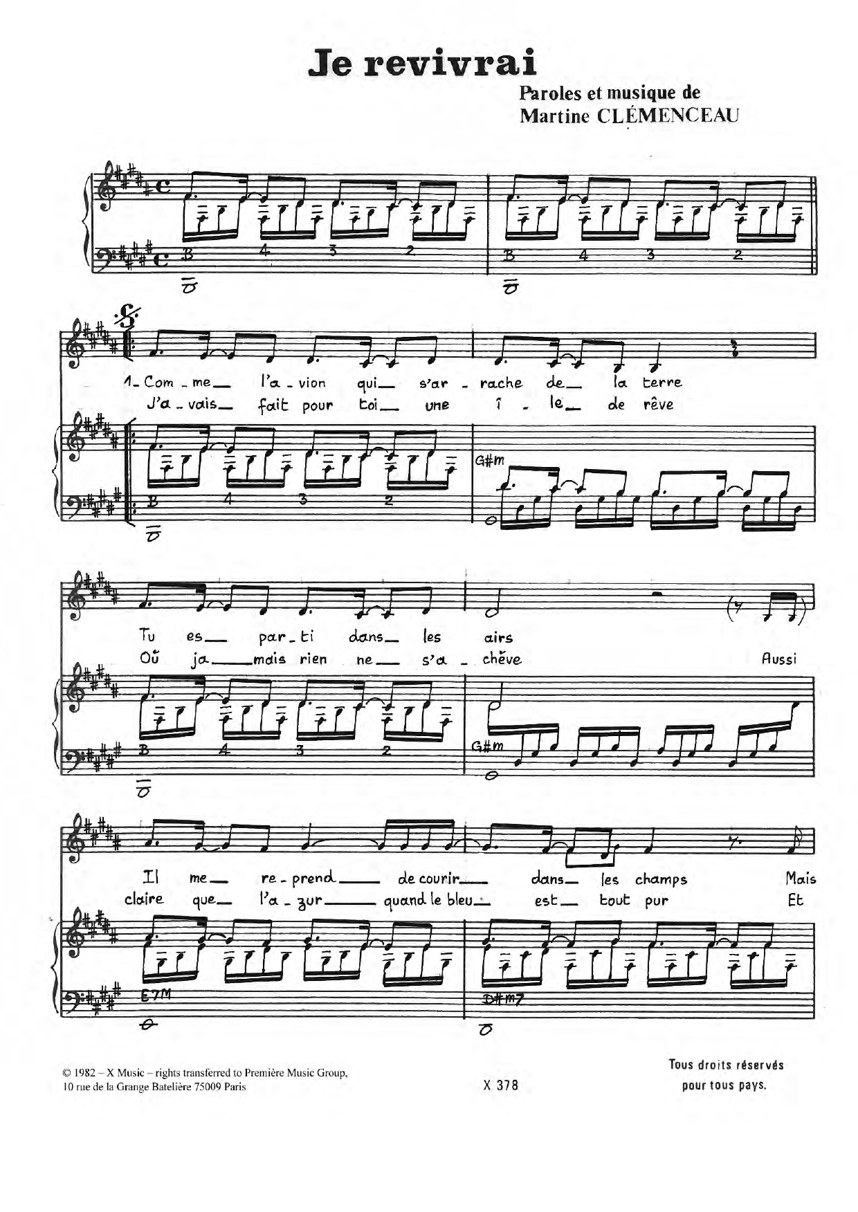 Learn to play Martine Clemenceau Je Revivrai sheet music for Piano & Vocal in minutes. Price: 7.8900$ Martine Clemenceau Je Revivrai sheet music notes and chords arranged for Piano & Vocal