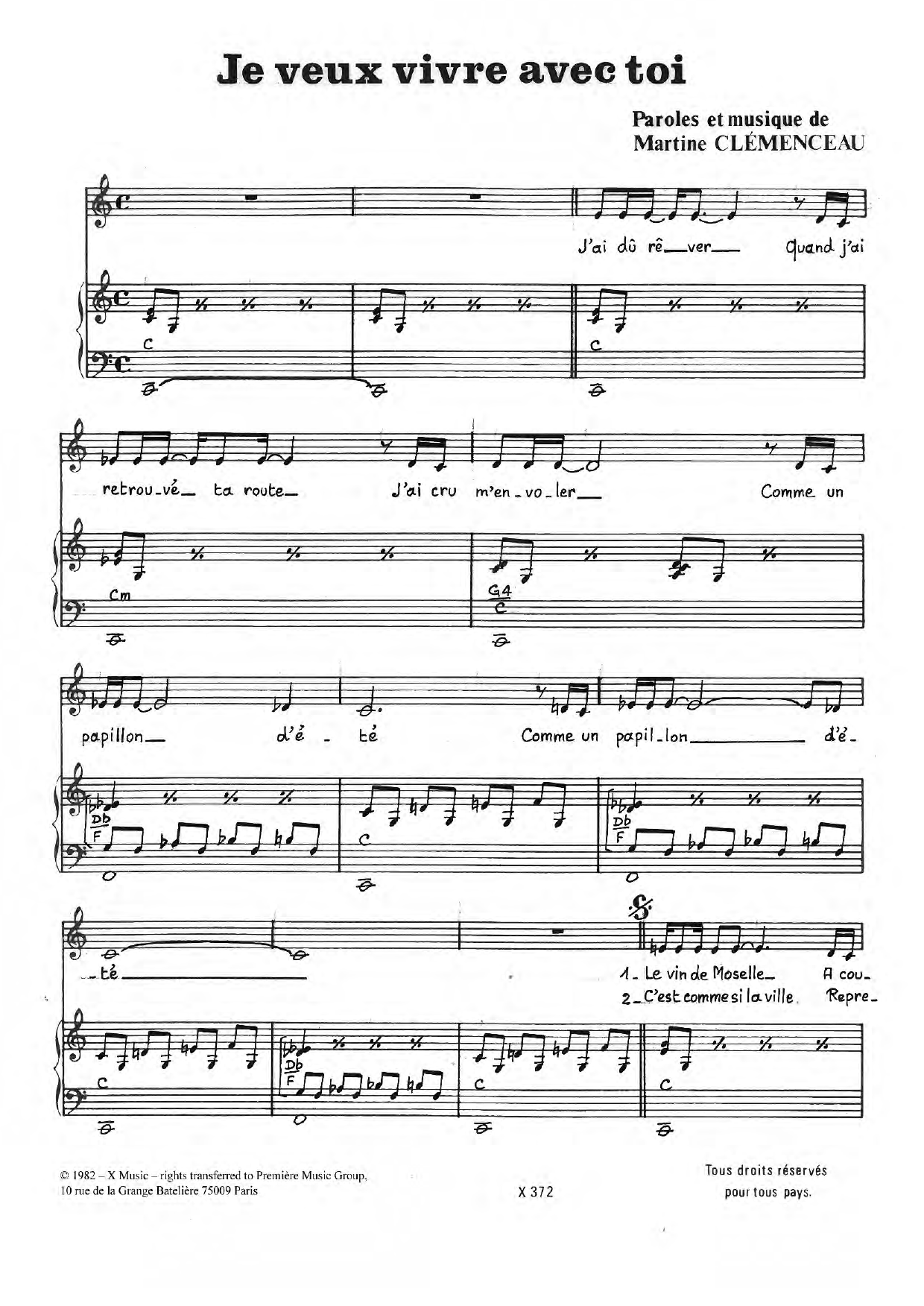 Learn to play Martine Clemenceau Je Veux Vivre Avec Toi sheet music for Piano & Vocal in minutes. Price: 7.8900$ Martine Clemenceau Je Veux Vivre Avec Toi sheet music notes and chords arranged for Piano & Vocal