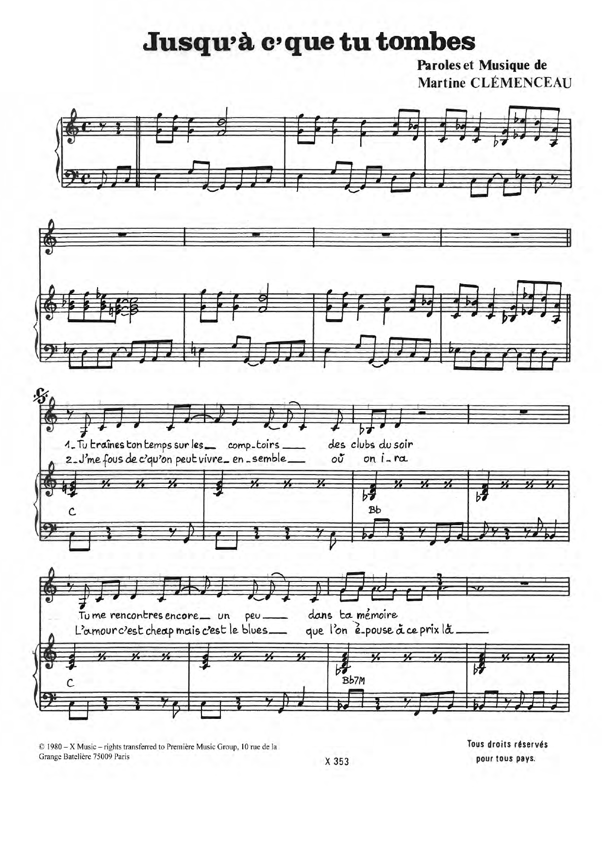 Learn to play Martine Clemenceau Jusqu'a Ce Que Tu Tombes sheet music for Piano & Vocal in minutes. Price: 7.8900$ Martine Clemenceau Jusqu'a Ce Que Tu Tombes sheet music notes and chords arranged for Piano & Vocal
