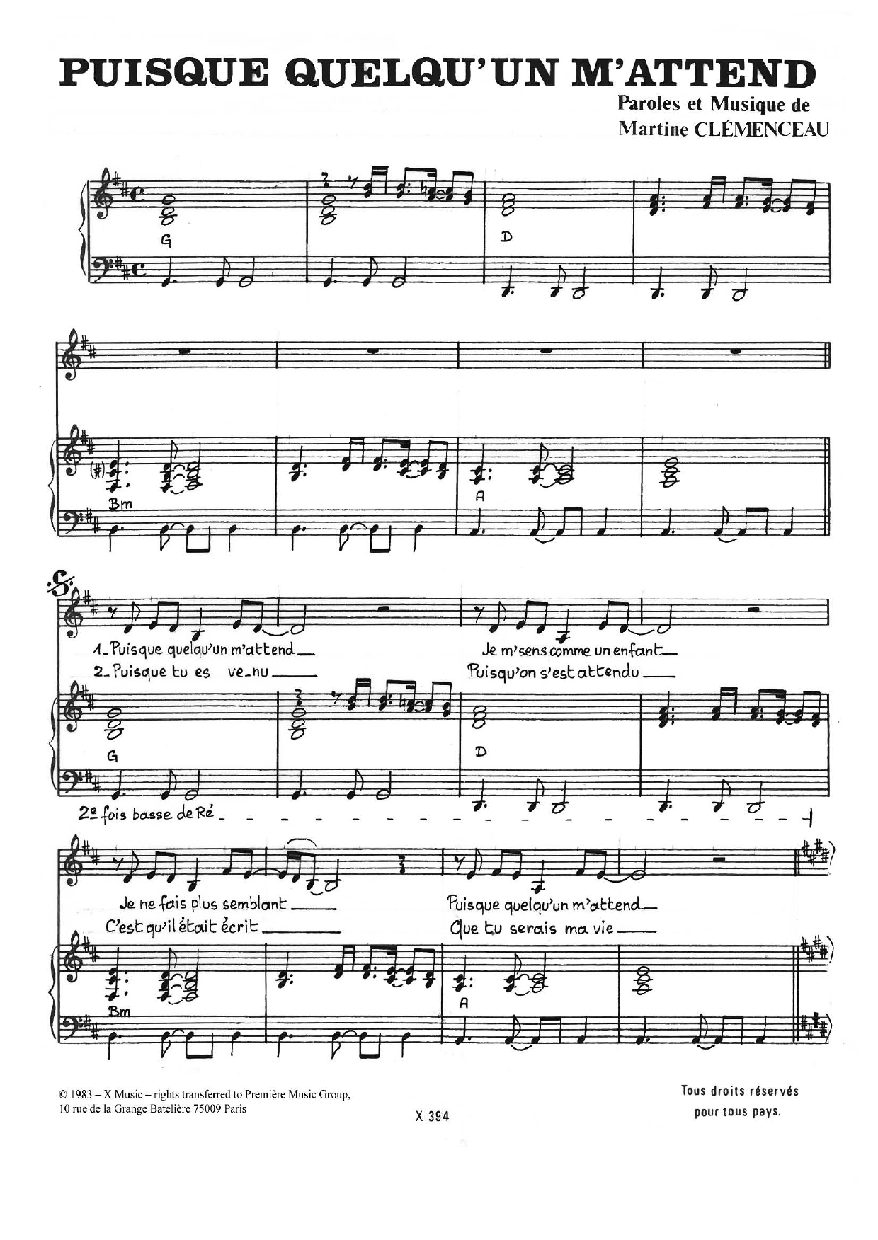 Learn to play Martine Clemenceau Puisque Quelqu'un M'attend sheet music for Piano & Vocal in minutes. Price: 7.8900$ Martine Clemenceau Puisque Quelqu'un M'attend sheet music notes and chords arranged for Piano & Vocal