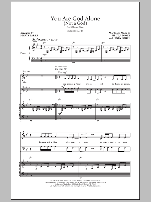 Learn to play Marty Parks You Are God Alone (Not A God) sheet music for SAB Choir in minutes. Price: 3.9900$ Marty Parks You Are God Alone (Not A God) sheet music notes and chords arranged for SAB Choir