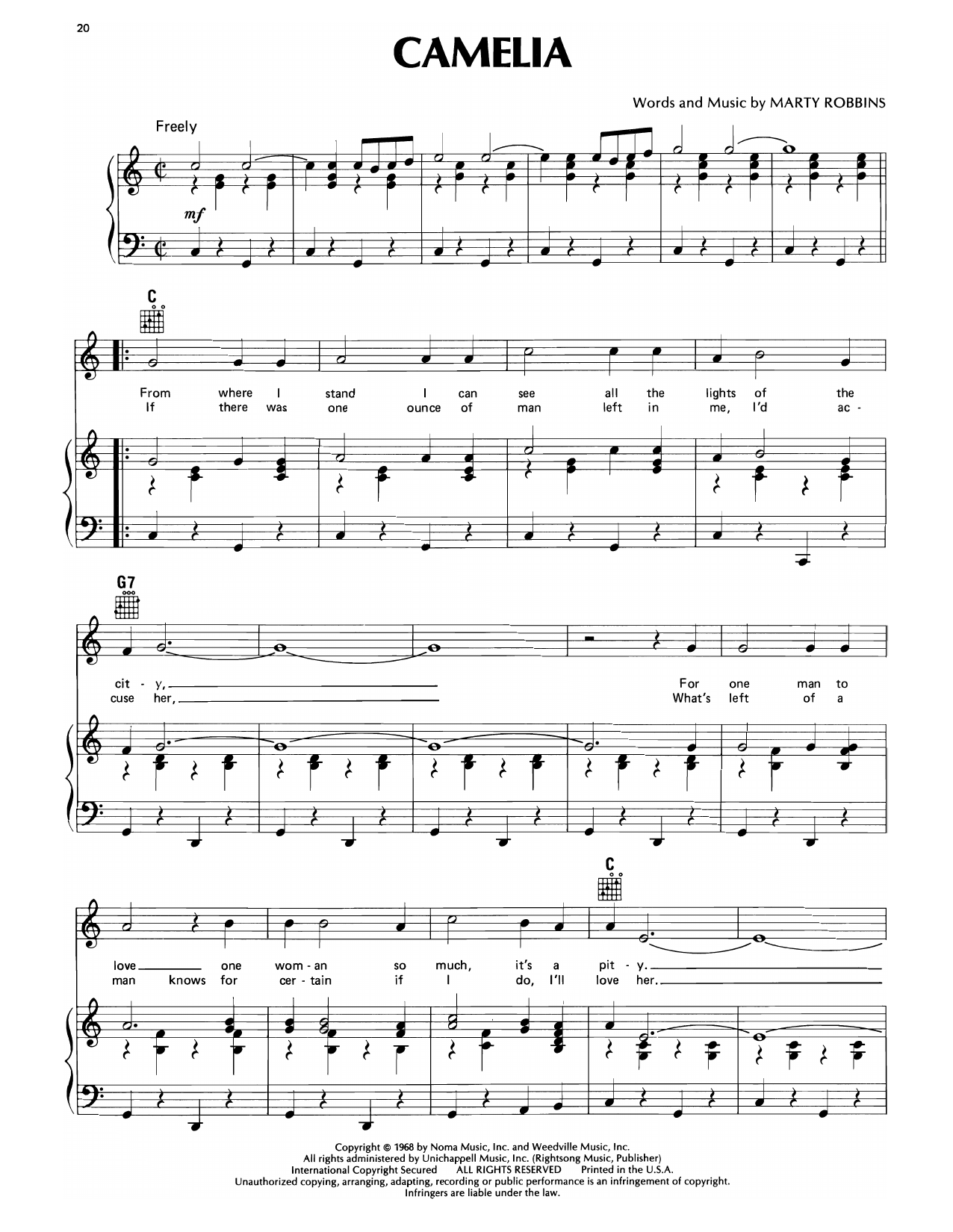 Learn to play Marty Robbins Camelia sheet music for Piano, Vocal & Guitar Chords (Right-Hand Melody) in minutes. Price: 7.8900$ Marty Robbins Camelia sheet music notes and chords arranged for Piano, Vocal & Guitar Chords (Right-Hand Melody)