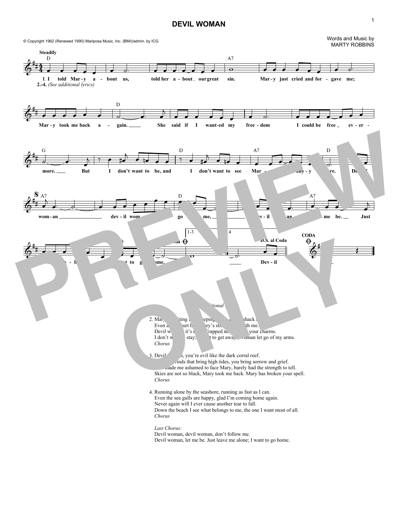 Marty Robbins Devil Woman sheet music notes and chords. Download Printable PDF.