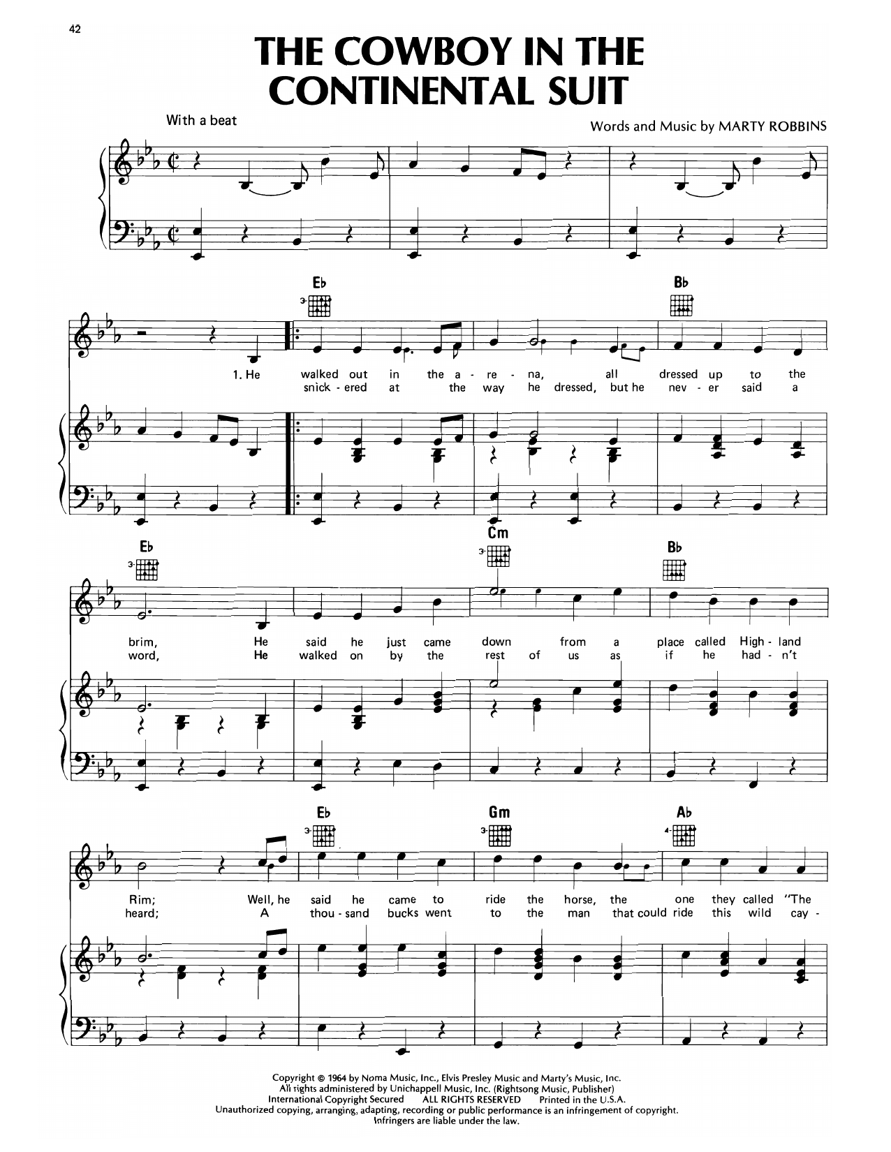 Learn to play Marty Robbins The Cowboy In The Continental Suit sheet music for Piano, Vocal & Guitar Chords (Right-Hand Melody) in minutes. Price: 7.8900$ Marty Robbins The Cowboy In The Continental Suit sheet music notes and chords arranged for Piano, Vocal & Guitar Chords (Right-Hand Melody)