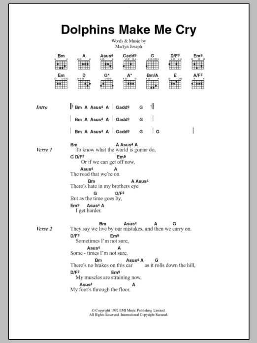 Martyn Joseph Dolphins Make Me Cry sheet music notes and chords arranged for Guitar Chords/Lyrics