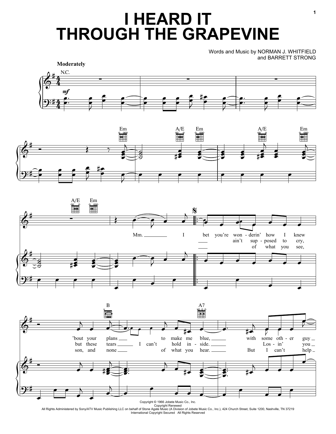 Marvin Gaye I Heard It Through The Grapevine sheet music notes and chords arranged for Piano, Vocal & Guitar Chords (Right-Hand Melody)