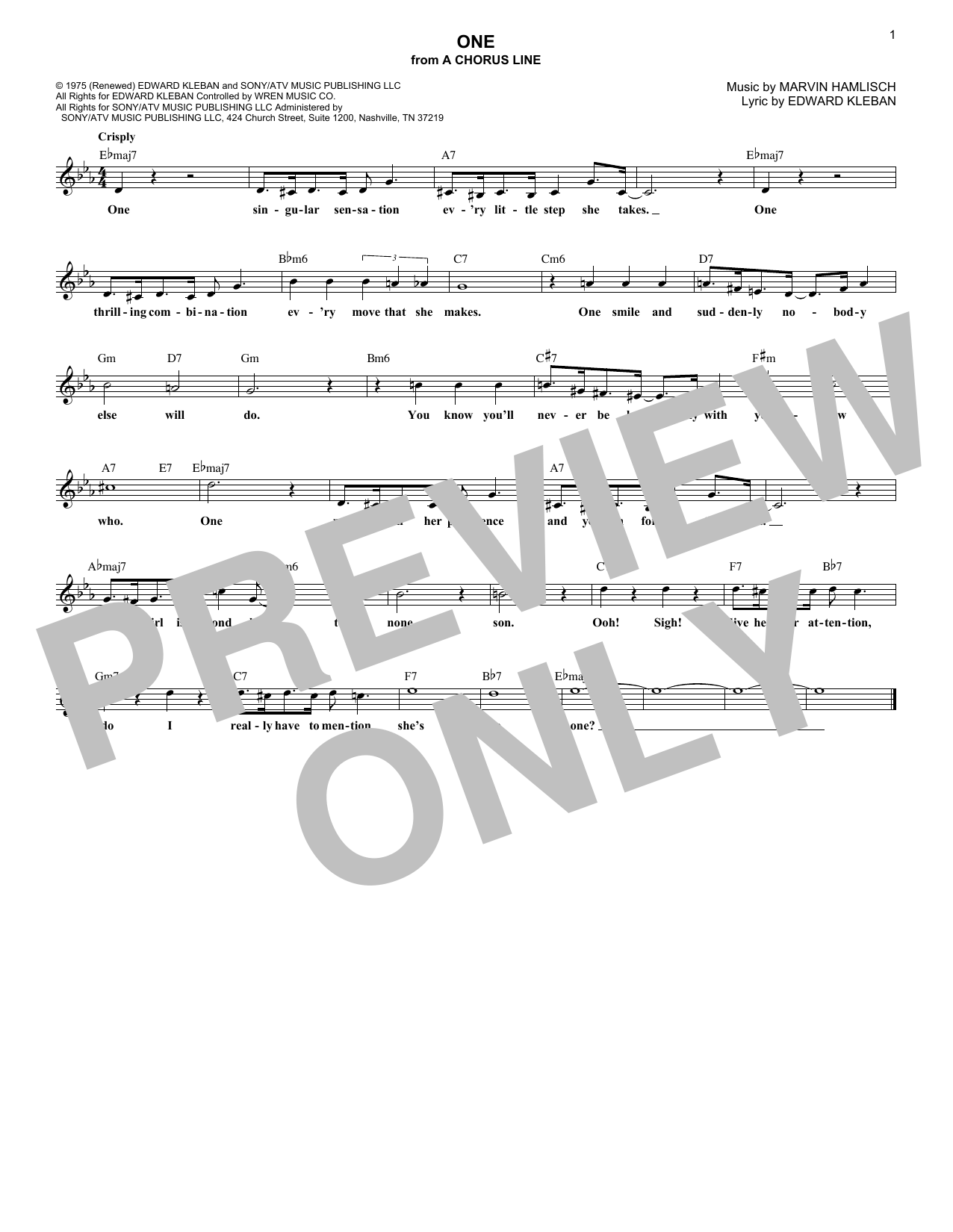 Marvin Hamlisch One (from A Chorus Line) sheet music notes and chords. Download Printable PDF.