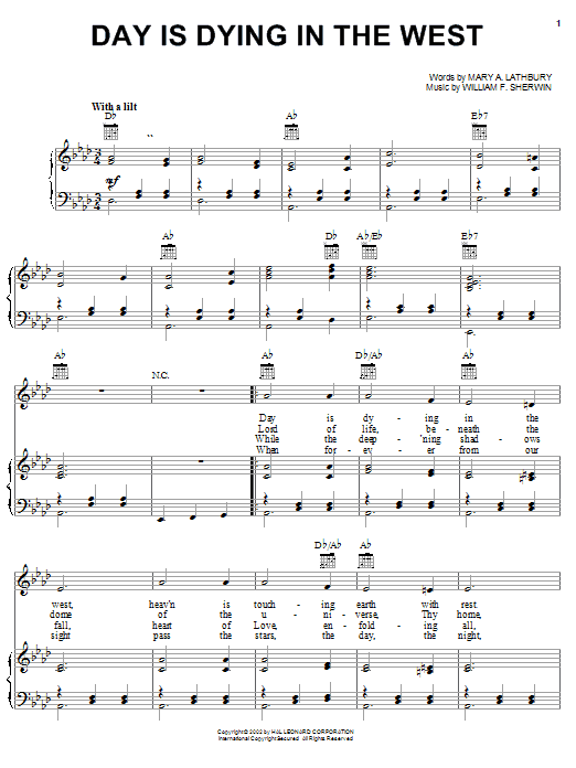 Learn to play William F. Sherwin Day Is Dying In The West sheet music for Piano, Vocal & Guitar Chords (Right-Hand Melody) in minutes. Price: 7.8900$ William F. Sherwin Day Is Dying In The West sheet music notes and chords arranged for Piano, Vocal & Guitar Chords (Right-Hand Melody)