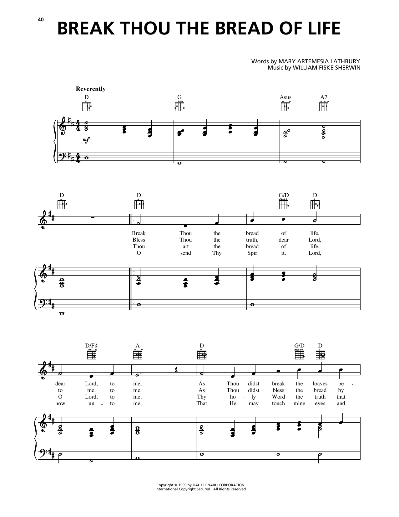 Learn to play Mary Artemesia Lathbury Break Thou The Bread Of Life sheet music for Piano, Vocal & Guitar Chords (Right-Hand Melody) in minutes. Price: 7.8900$ Mary Artemesia Lathbury Break Thou The Bread Of Life sheet music notes and chords arranged for Piano, Vocal & Guitar Chords (Right-Hand Melody)