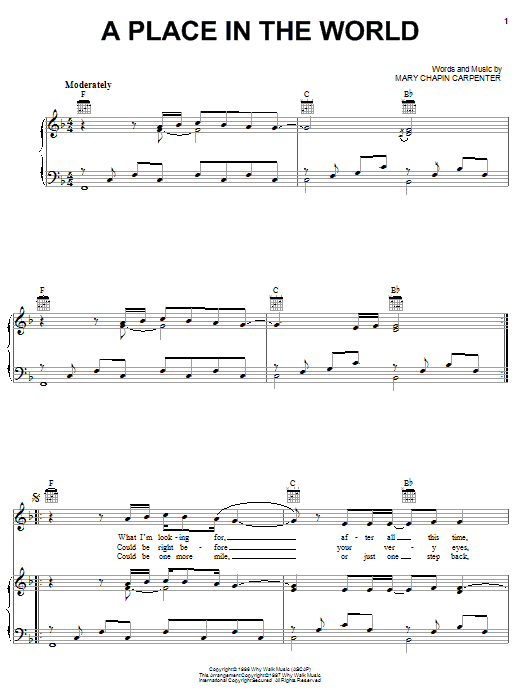 Mary Chapin Carpenter A Place In The World sheet music notes and chords arranged for Piano, Vocal & Guitar Chords (Right-Hand Melody)
