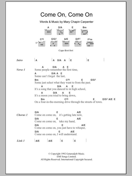 Mary Chapin Carpenter Come On Come On sheet music notes and chords. Download Printable PDF.