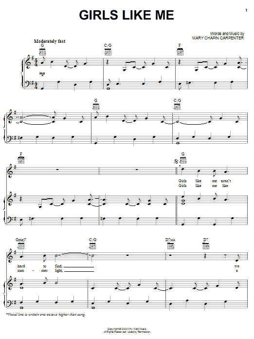 Learn to play Mary Chapin Carpenter Girls Like Me sheet music for Piano, Vocal & Guitar Chords (Right-Hand Melody) in minutes. Price: 7.8900$ Mary Chapin Carpenter Girls Like Me sheet music notes and chords arranged for Piano, Vocal & Guitar Chords (Right-Hand Melody)