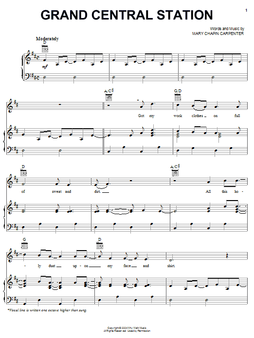 Learn to play Mary Chapin Carpenter Grand Central Station sheet music for Piano, Vocal & Guitar Chords (Right-Hand Melody) in minutes. Price: 7.8900$ Mary Chapin Carpenter Grand Central Station sheet music notes and chords arranged for Piano, Vocal & Guitar Chords (Right-Hand Melody)