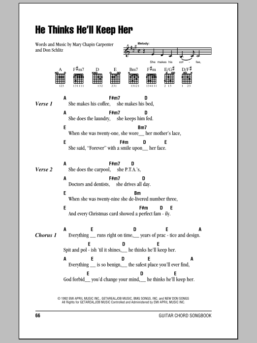 Mary Chapin Carpenter He Thinks He'll Keep Her sheet music notes and chords. Download Printable PDF.