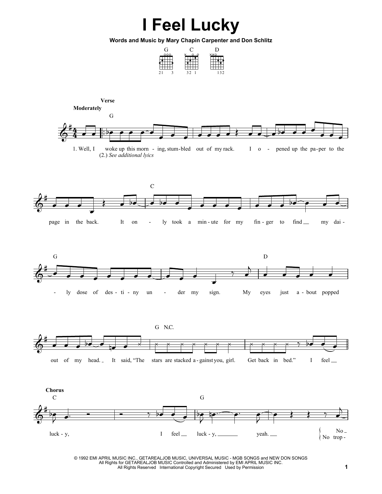 Mary Chapin Carpenter I Feel Lucky sheet music notes and chords. Download Printable PDF.