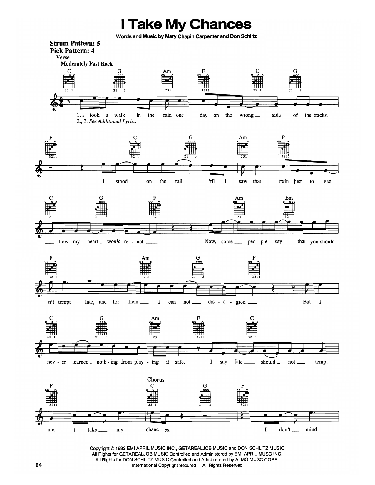 Mary Chapin Carpenter I Take My Chances sheet music notes and chords. Download Printable PDF.