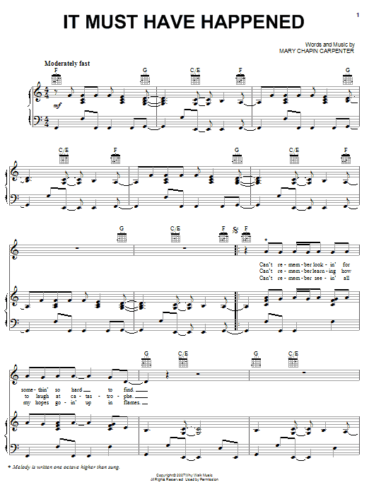 Learn to play Mary Chapin Carpenter It Must Have Happened sheet music for Piano, Vocal & Guitar Chords (Right-Hand Melody) in minutes. Price: 7.8900$ Mary Chapin Carpenter It Must Have Happened sheet music notes and chords arranged for Piano, Vocal & Guitar Chords (Right-Hand Melody)