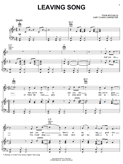 Learn to play Mary Chapin Carpenter Leaving Song sheet music for Piano, Vocal & Guitar Chords (Right-Hand Melody) in minutes. Price: 7.8900$ Mary Chapin Carpenter Leaving Song sheet music notes and chords arranged for Piano, Vocal & Guitar Chords (Right-Hand Melody)