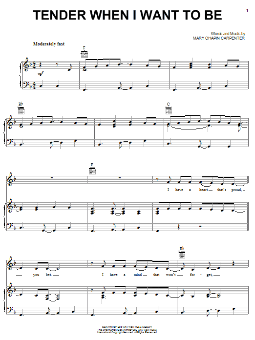 Learn to play Mary Chapin Carpenter Tender When I Want To Be sheet music for Piano, Vocal & Guitar Chords (Right-Hand Melody) in minutes. Price: 7.8900$ Mary Chapin Carpenter Tender When I Want To Be sheet music notes and chords arranged for Piano, Vocal & Guitar Chords (Right-Hand Melody)