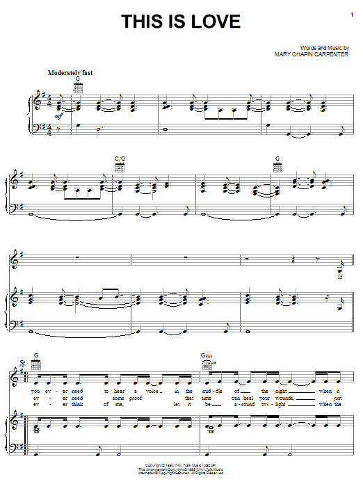 Learn to play Mary Chapin Carpenter This Is Love sheet music for Piano, Vocal & Guitar Chords (Right-Hand Melody) in minutes. Price: 7.8900$ Mary Chapin Carpenter This Is Love sheet music notes and chords arranged for Piano, Vocal & Guitar Chords (Right-Hand Melody)