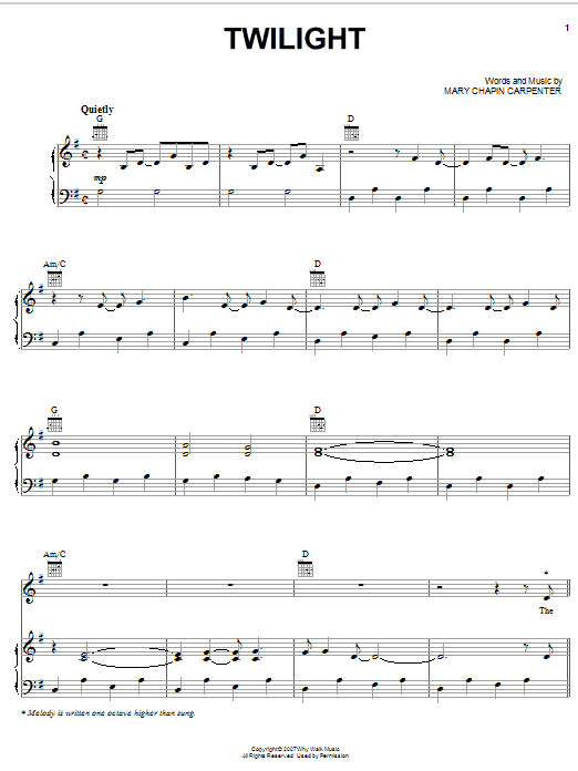 Learn to play Mary Chapin Carpenter Twilight sheet music for Piano, Vocal & Guitar Chords (Right-Hand Melody) in minutes. Price: 7.8900$ Mary Chapin Carpenter Twilight sheet music notes and chords arranged for Piano, Vocal & Guitar Chords (Right-Hand Melody)