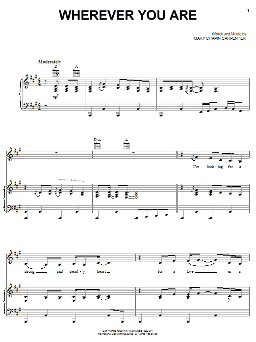 Learn to play Mary Chapin Carpenter Wherever You Are sheet music for Piano, Vocal & Guitar Chords (Right-Hand Melody) in minutes. Price: 7.8900$ Mary Chapin Carpenter Wherever You Are sheet music notes and chords arranged for Piano, Vocal & Guitar Chords (Right-Hand Melody)
