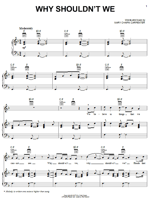 Learn to play Mary Chapin Carpenter Why Shouldn't We sheet music for Piano, Vocal & Guitar Chords (Right-Hand Melody) in minutes. Price: 7.8900$ Mary Chapin Carpenter Why Shouldn't We sheet music notes and chords arranged for Piano, Vocal & Guitar Chords (Right-Hand Melody)