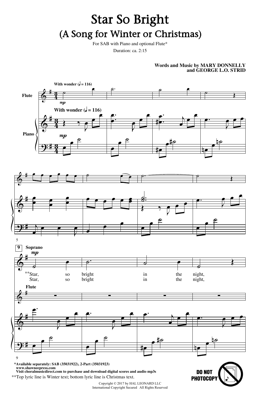 Mary Donnelly and George L.O. Strid Star So Bright (A Song For Winter Or Christmas) sheet music notes and chords. Download Printable PDF.