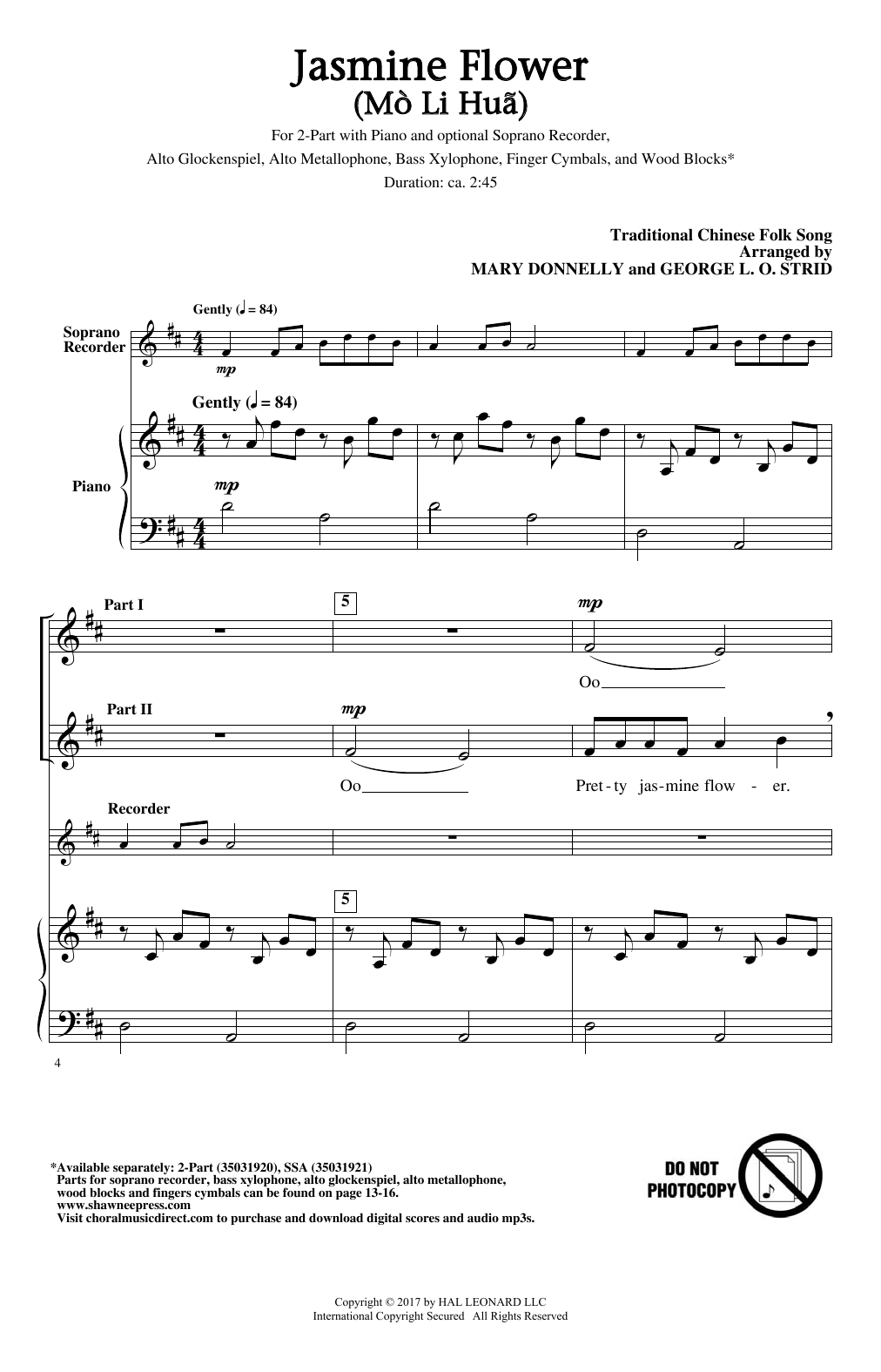 Mary Donnelly Jasmine Flower (Mo Li Hua) sheet music notes and chords arranged for 2-Part Choir