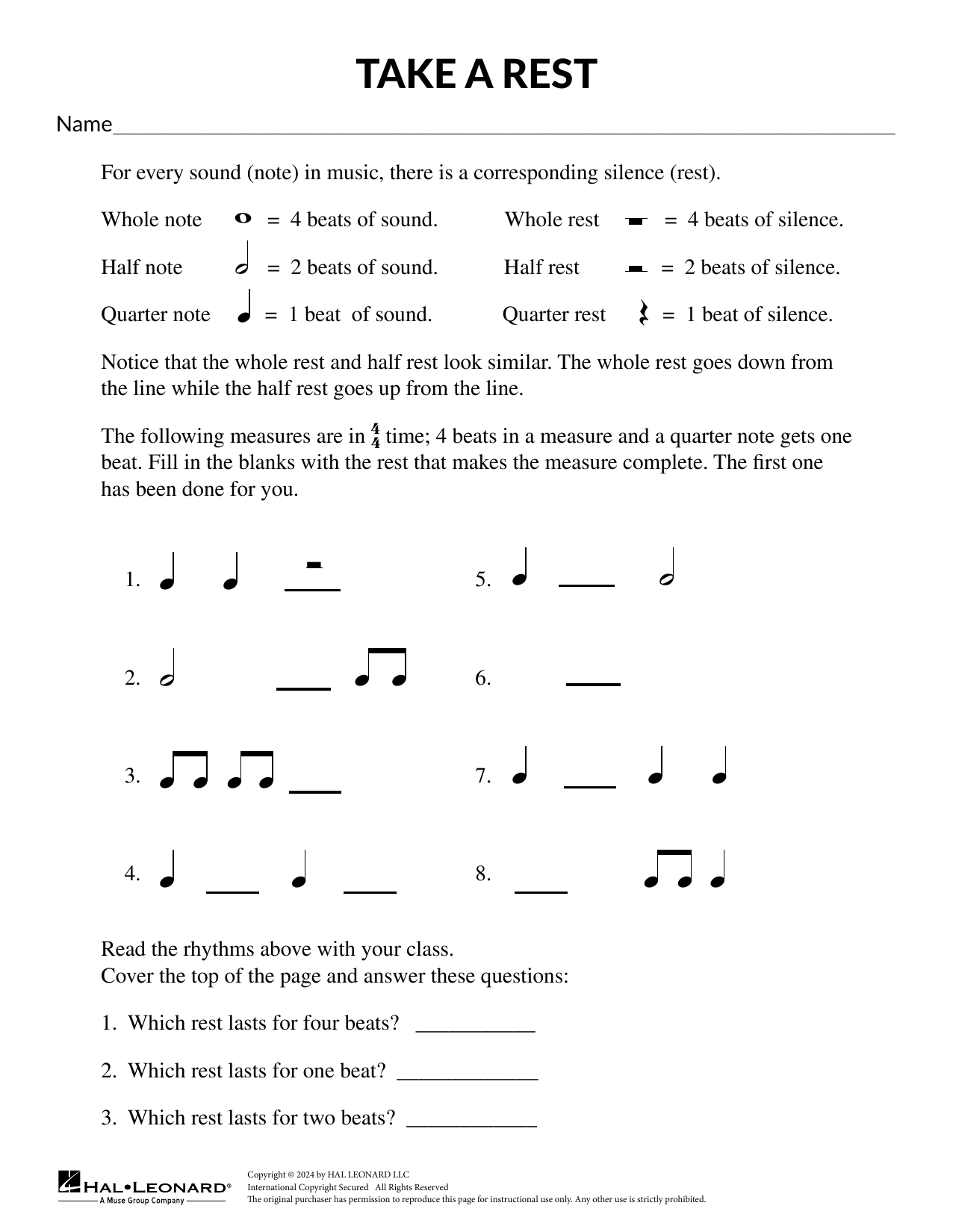 Mary Donnelly Take a Rest sheet music notes and chords arranged for Theory Worksheet