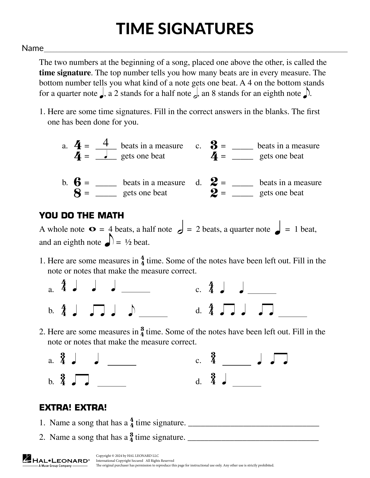 Mary Donnelly Time Signatures 4/4, 3/4, and 6/8 sheet music notes and chords arranged for Theory Worksheet