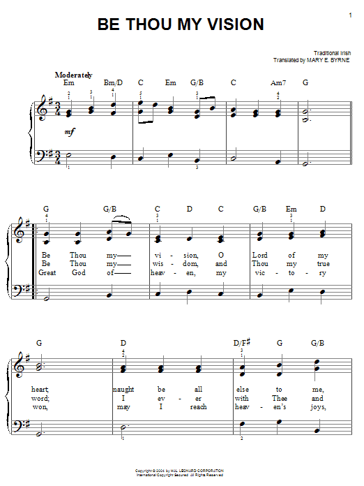 Mary E. Byrne Be Thou My Vision sheet music notes and chords. Download Printable PDF.