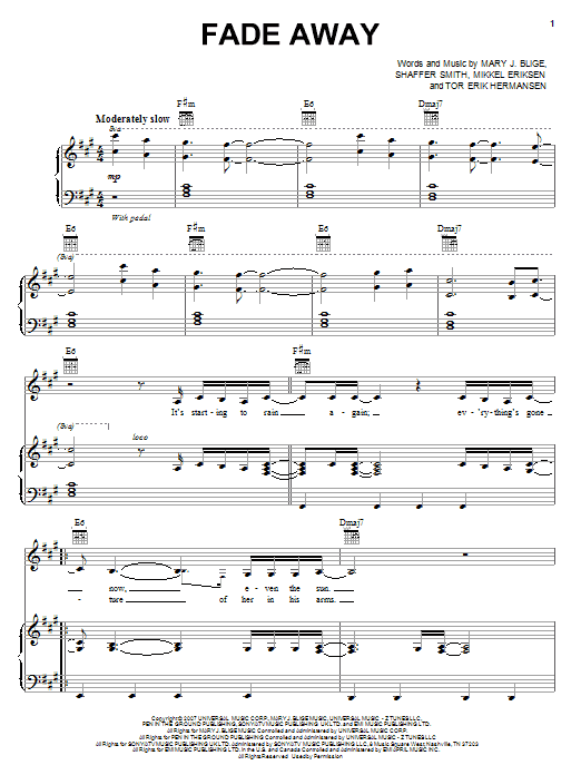 Learn to play Mary J. Blige Fade Away sheet music for Piano, Vocal & Guitar Chords (Right-Hand Melody) in minutes. Price: 7.8900$ Mary J. Blige Fade Away sheet music notes and chords arranged for Piano, Vocal & Guitar Chords (Right-Hand Melody)