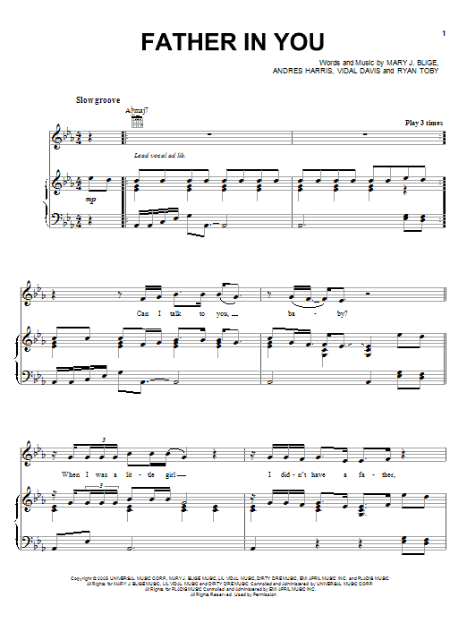 Learn to play Mary J. Blige Father In You sheet music for Piano, Vocal & Guitar Chords (Right-Hand Melody) in minutes. Price: 7.8900$ Mary J. Blige Father In You sheet music notes and chords arranged for Piano, Vocal & Guitar Chords (Right-Hand Melody)