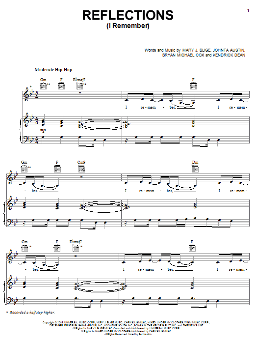 Learn to play Mary J. Blige Reflections (I Remember) sheet music for Piano, Vocal & Guitar Chords (Right-Hand Melody) in minutes. Price: 7.8900$ Mary J. Blige Reflections (I Remember) sheet music notes and chords arranged for Piano, Vocal & Guitar Chords (Right-Hand Melody)